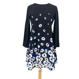 CeCe Dress Women 8 Black Blue White Floral Lined Long Sleeve Fit & Flare Knee